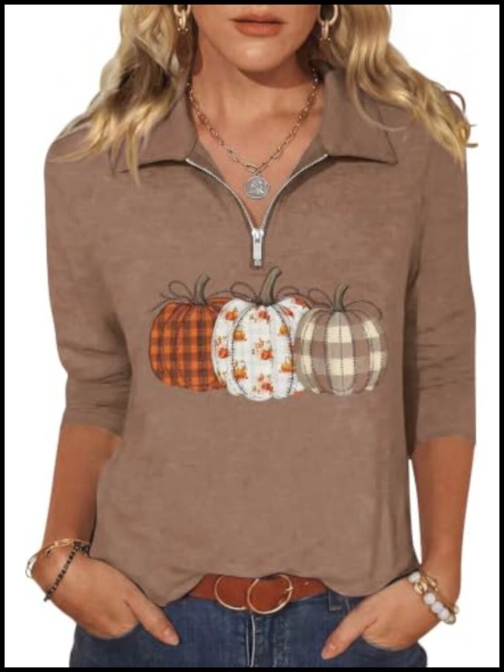 Women's 3/4 Sleeve Halloween Henley Tops Cotton Blend